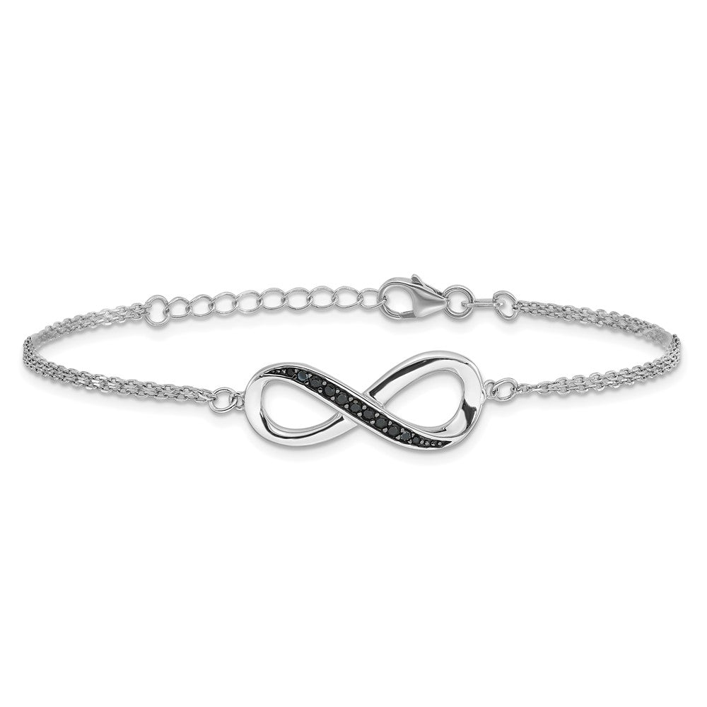 Sterling Silver Rhodium-Plated Black Spinel Infinity 7in w/1in Ext. Bracele
