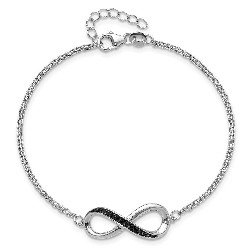 Sterling Silver Rhodium-Plated Black Spinel Infinity 7in w/1in Ext. Bracele
