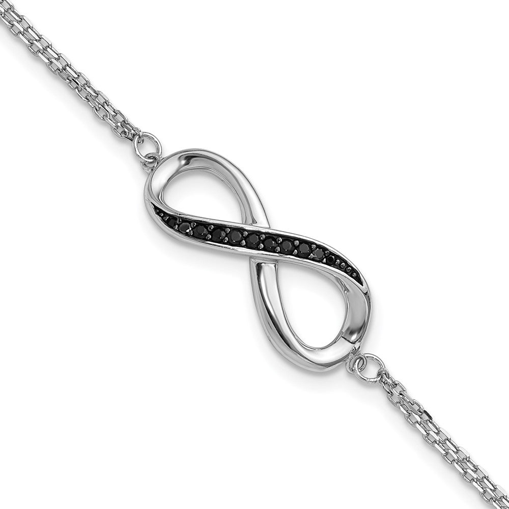 Sterling Silver Rhodium-Plated Black Spinel Infinity 7in w/1in Ext. Bracele