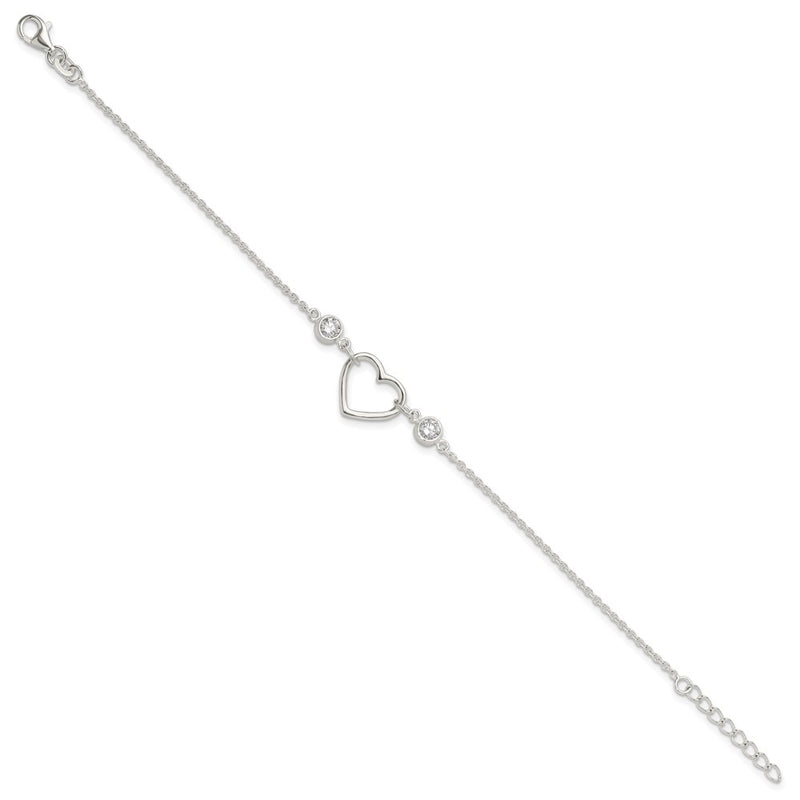 Sterling Silver Rhodium-Plated Polished CZ Heart with 1in Ext Bracelet