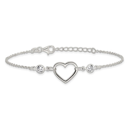 Sterling Silver Rhodium-Plated Polished CZ Heart with 1in Ext Bracelet
