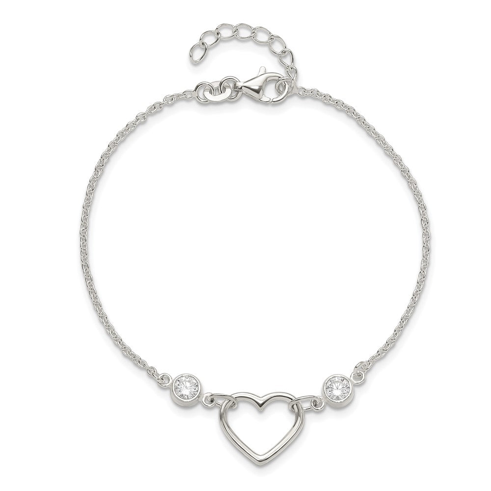 Sterling Silver Rhodium-Plated Polished CZ Heart with 1in Ext Bracelet