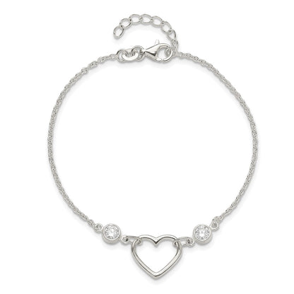 Sterling Silver Rhodium-Plated Polished CZ Heart with 1in Ext Bracelet