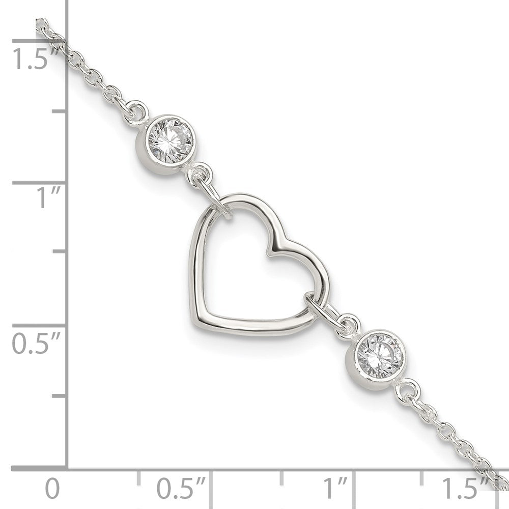 Sterling Silver Rhodium-Plated Polished CZ Heart with 1in Ext Bracelet