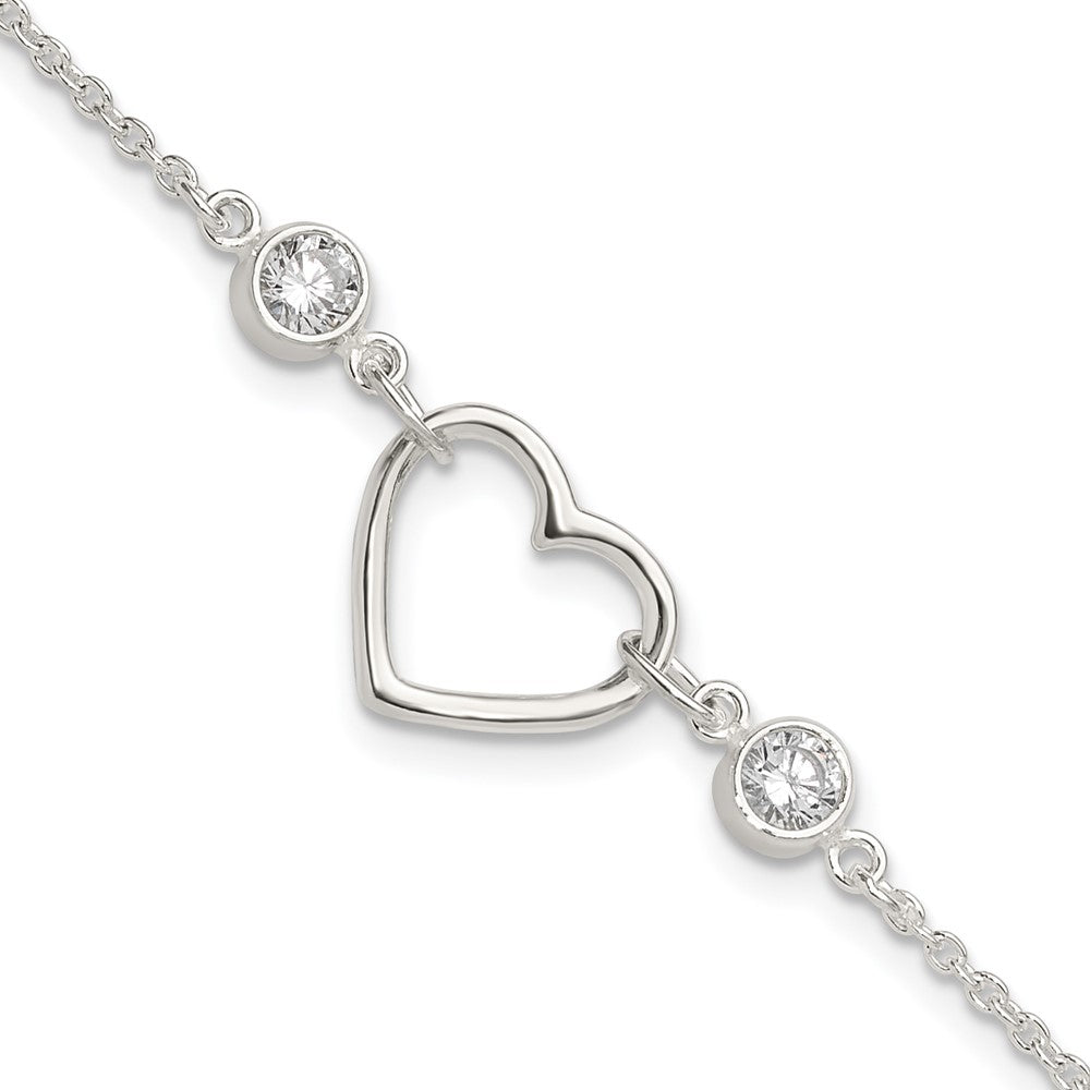 Sterling Silver Rhodium-Plated Polished CZ Heart with 1in Ext Bracelet