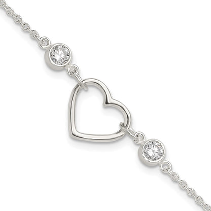 Sterling Silver Rhodium-Plated Polished CZ Heart with 1in Ext Bracelet