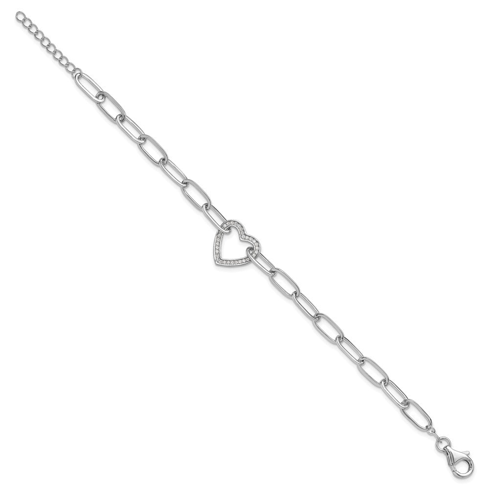 Sterling Silver Rhodium-Plated Paperclip CZ Heart with 1in Ext. Bracelet