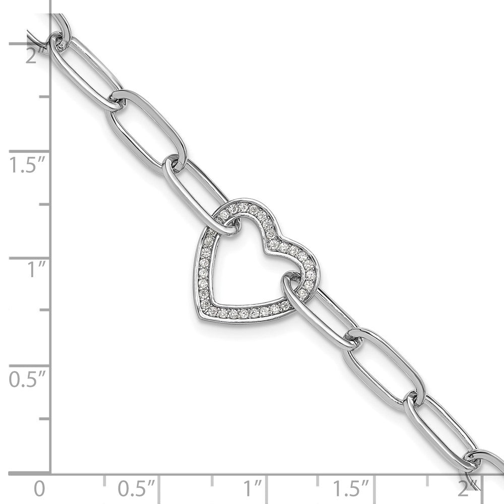 Sterling Silver Rhodium-Plated Paperclip CZ Heart with 1in Ext. Bracelet