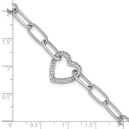 Sterling Silver Rhodium-Plated Paperclip CZ Heart with 1in Ext. Bracelet