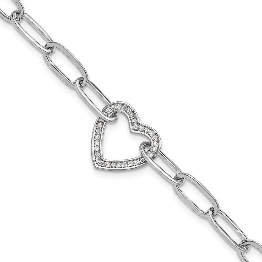Sterling Silver Rhodium-Plated Paperclip CZ Heart with 1in Ext. Bracelet