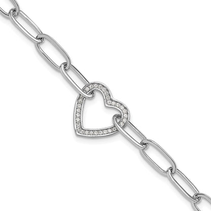 Sterling Silver Rhodium-Plated Paperclip CZ Heart with 1in Ext. Bracelet
