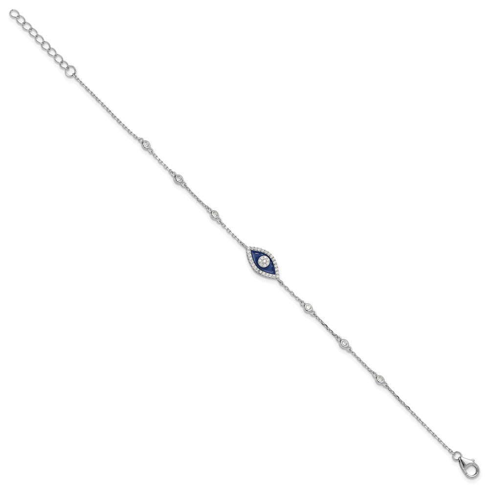 Sterling Silver Rhodium Plated CZ Enamel Evil Eye 7in w/1in Ext. Bracelet