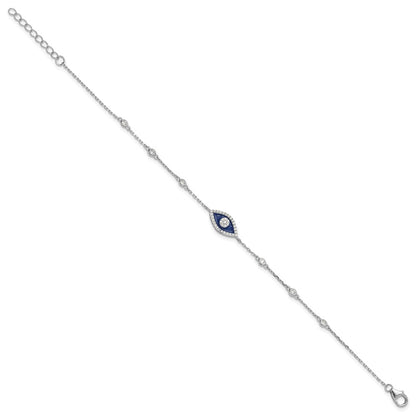 Sterling Silver Rhodium Plated CZ Enamel Evil Eye 7in w/1in Ext. Bracelet