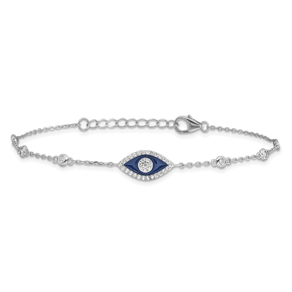 Sterling Silver Rhodium Plated CZ Enamel Evil Eye 7in w/1in Ext. Bracelet