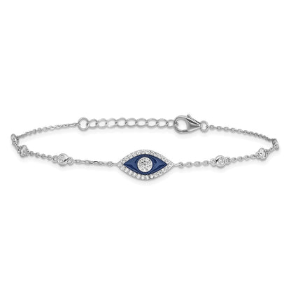Sterling Silver Rhodium Plated CZ Enamel Evil Eye 7in w/1in Ext. Bracelet