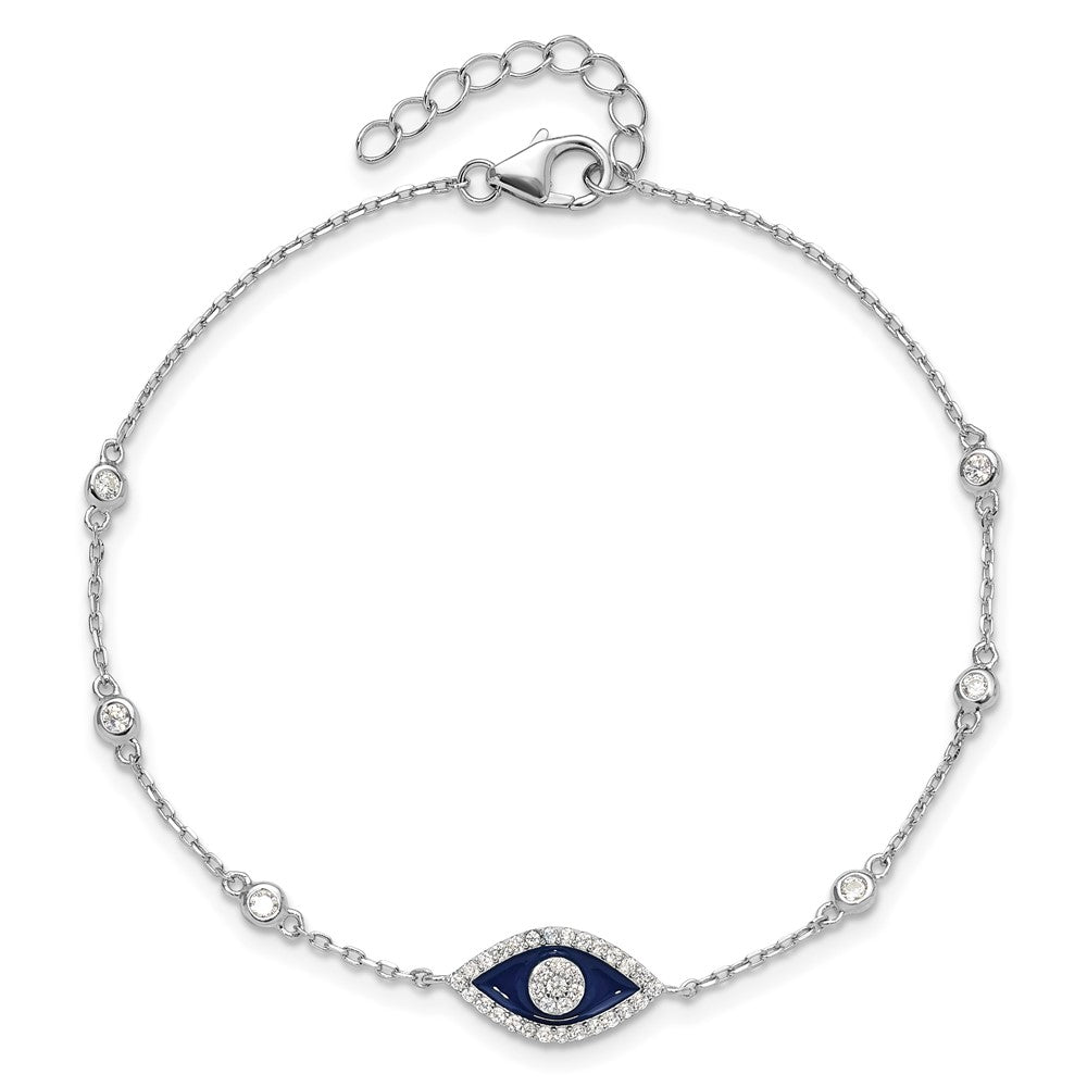 Sterling Silver Rhodium Plated CZ Enamel Evil Eye 7in w/1in Ext. Bracelet