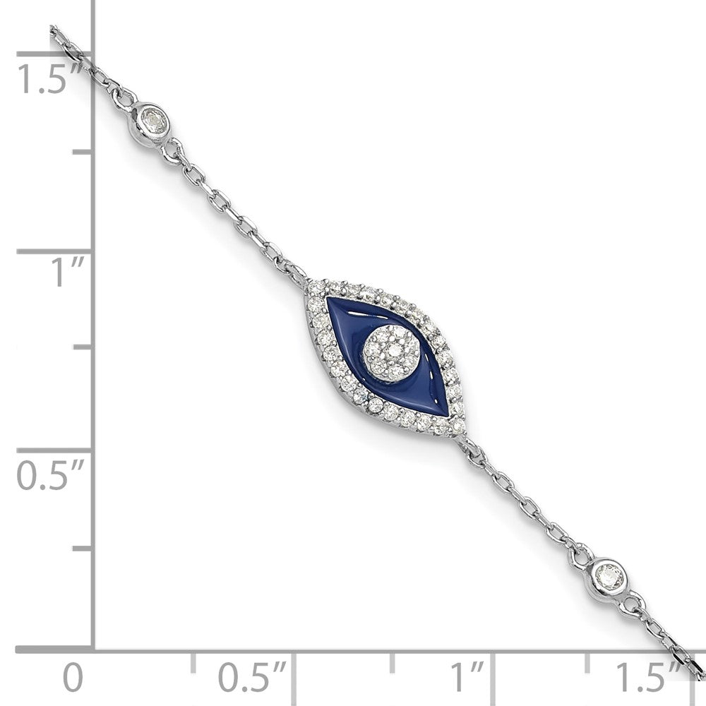 Sterling Silver Rhodium Plated CZ Enamel Evil Eye 7in w/1in Ext. Bracelet