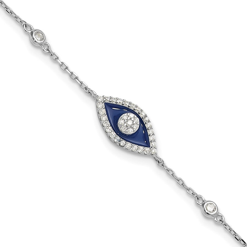 Sterling Silver Rhodium Plated CZ Enamel Evil Eye 7in w/1in Ext. Bracelet