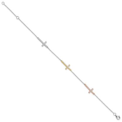 Sterling Silver Rhodium Plated Gold/rose-Tone CZ Cross w/1in Ext. Bracelet
