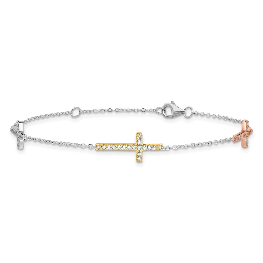 Sterling Silver Rhodium Plated Gold/rose-Tone CZ Cross w/1in Ext. Bracelet