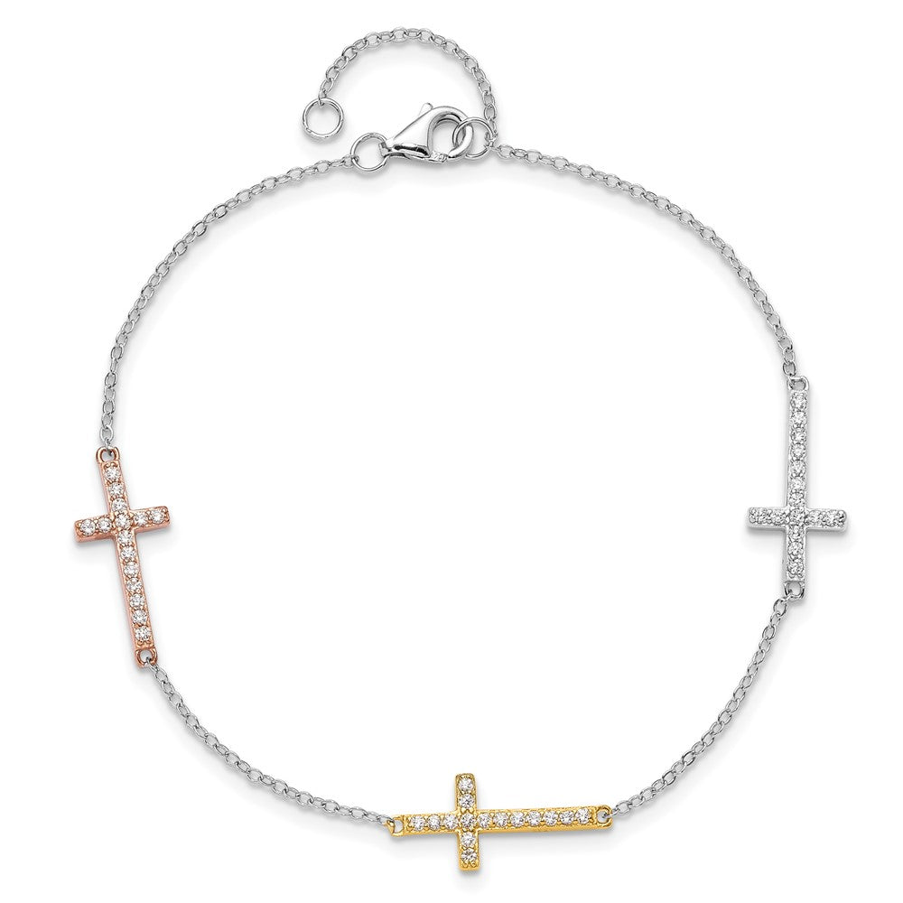 Sterling Silver Rhodium Plated Gold/rose-Tone CZ Cross w/1in Ext. Bracelet