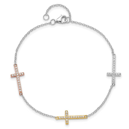 Sterling Silver Rhodium Plated Gold/rose-Tone CZ Cross w/1in Ext. Bracelet