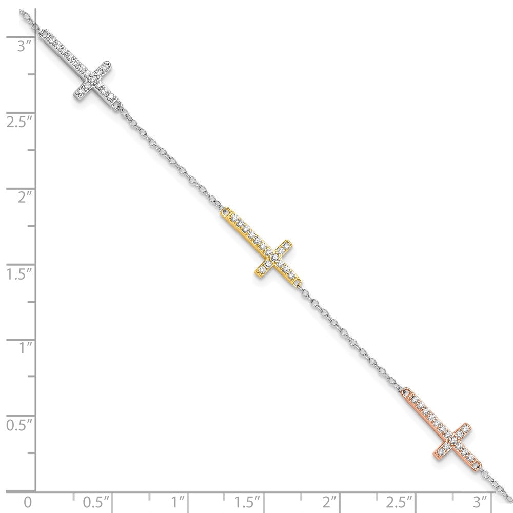 Sterling Silver Rhodium Plated Gold/rose-Tone CZ Cross w/1in Ext. Bracelet