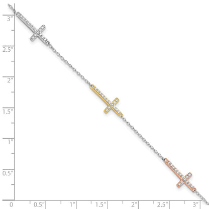 Sterling Silver Rhodium Plated Gold/rose-Tone CZ Cross w/1in Ext. Bracelet