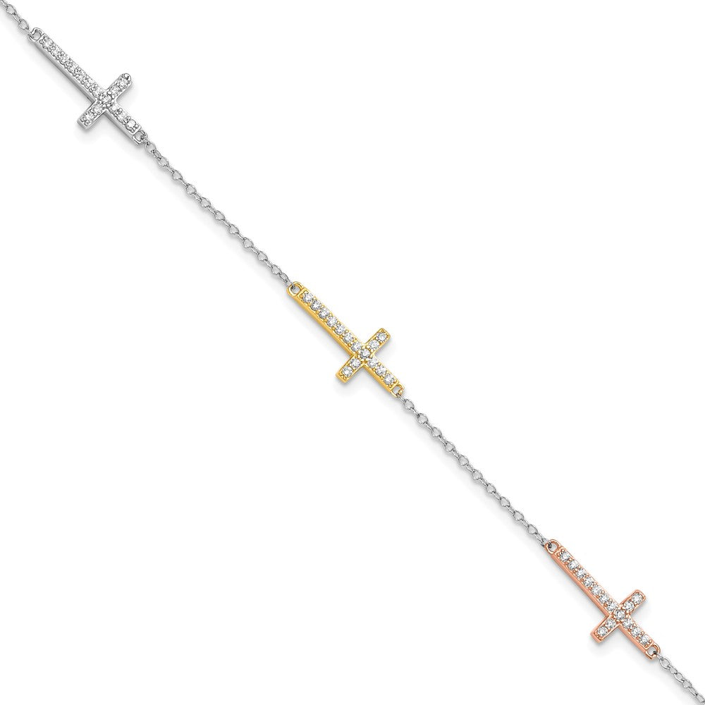 Sterling Silver Rhodium Plated Gold/rose-Tone CZ Cross w/1in Ext. Bracelet