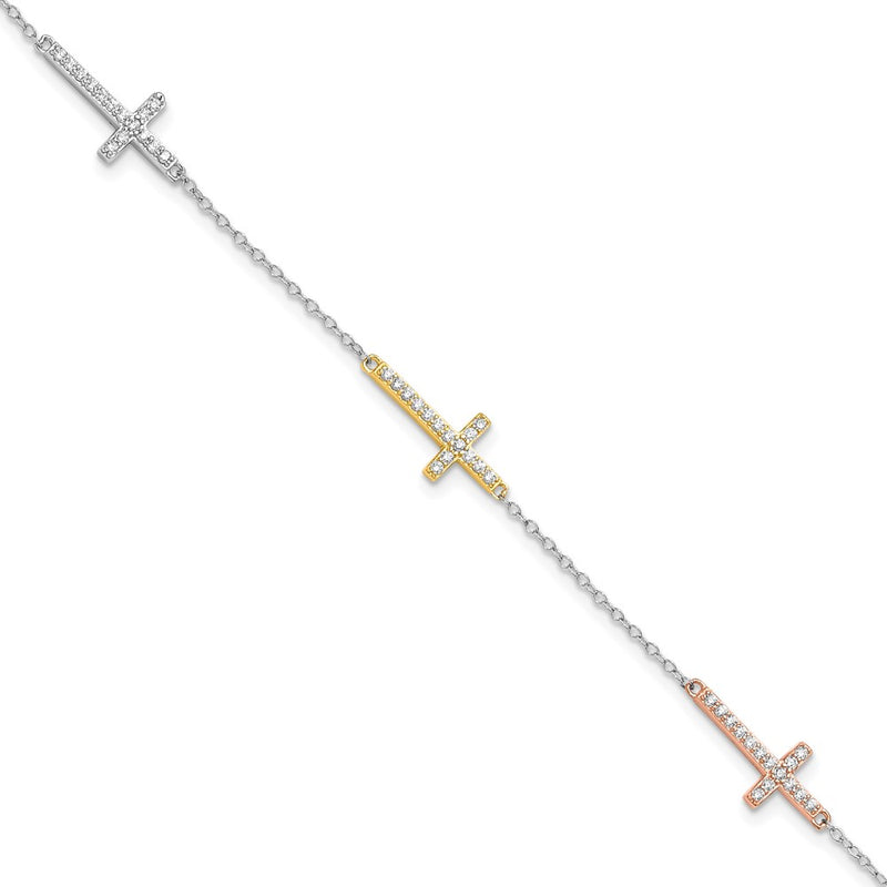 Sterling Silver Rhodium Plated Gold/rose-Tone CZ Cross w/1in Ext. Bracelet