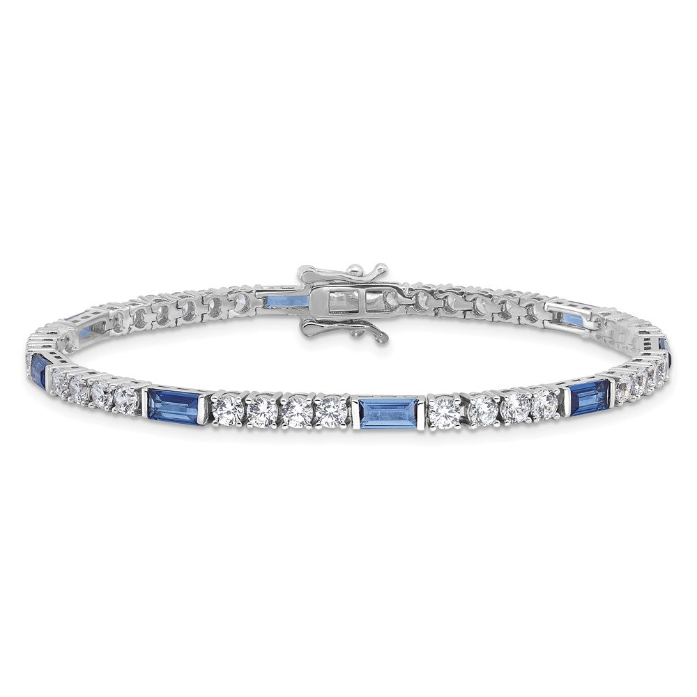 Sterling Silver Rhodium-Plated Blue and White CZ 7.25in Tennis Bracelet
