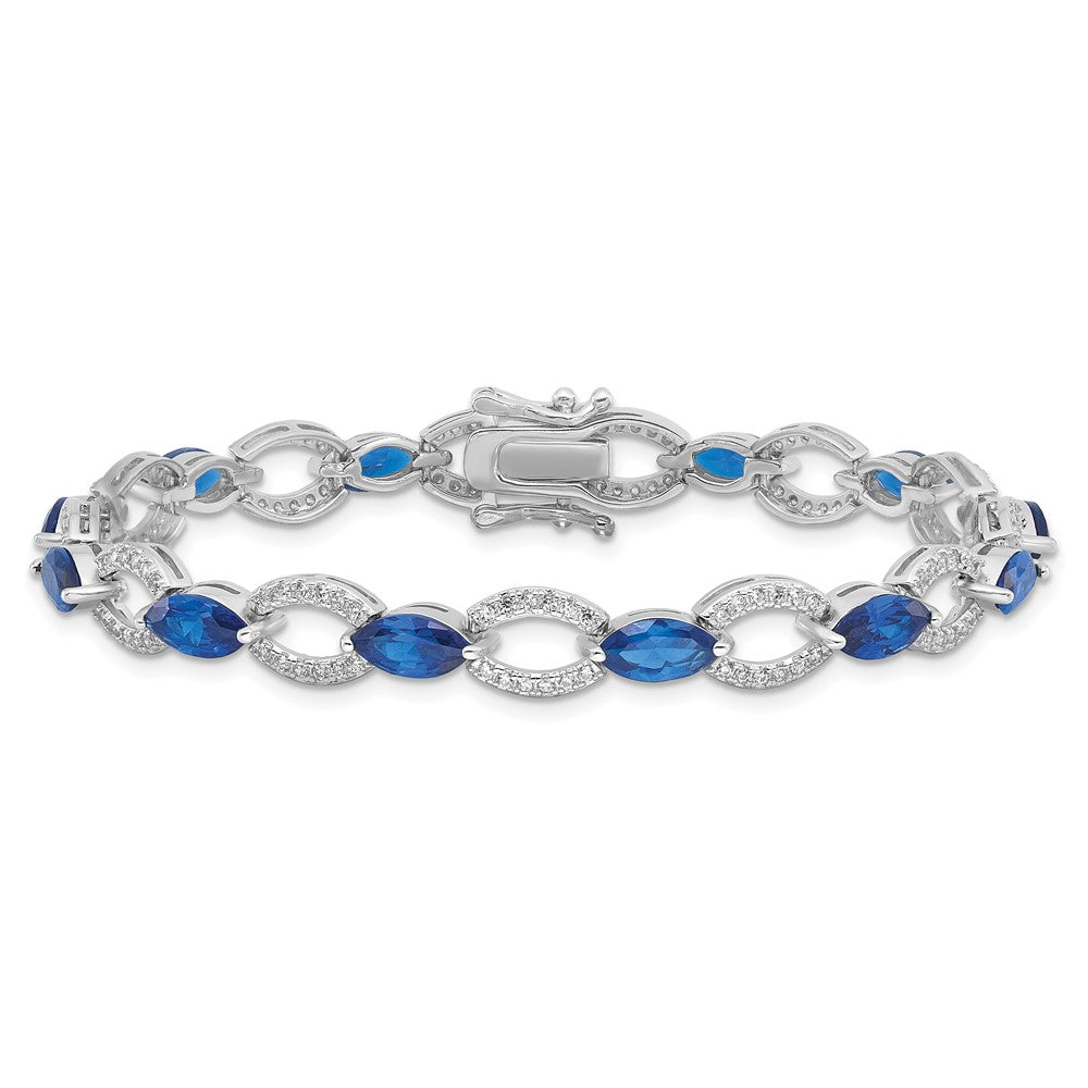 Sterling Silver Rhodium-Plated White and Blue CZ Link Bracelet