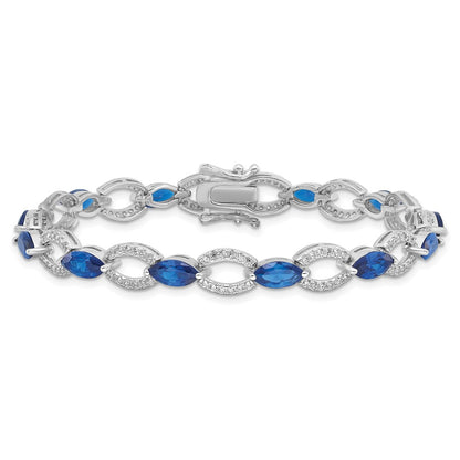 Sterling Silver Rhodium-Plated White and Blue CZ Link Bracelet