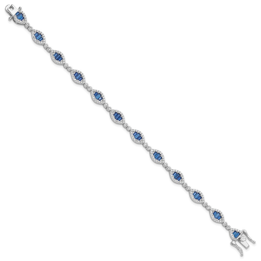 Sterling Silver Rhodium-Plated White and Blue CZ Link Bracelet