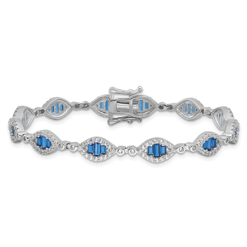 Sterling Silver Rhodium-Plated White and Blue CZ Link Bracelet