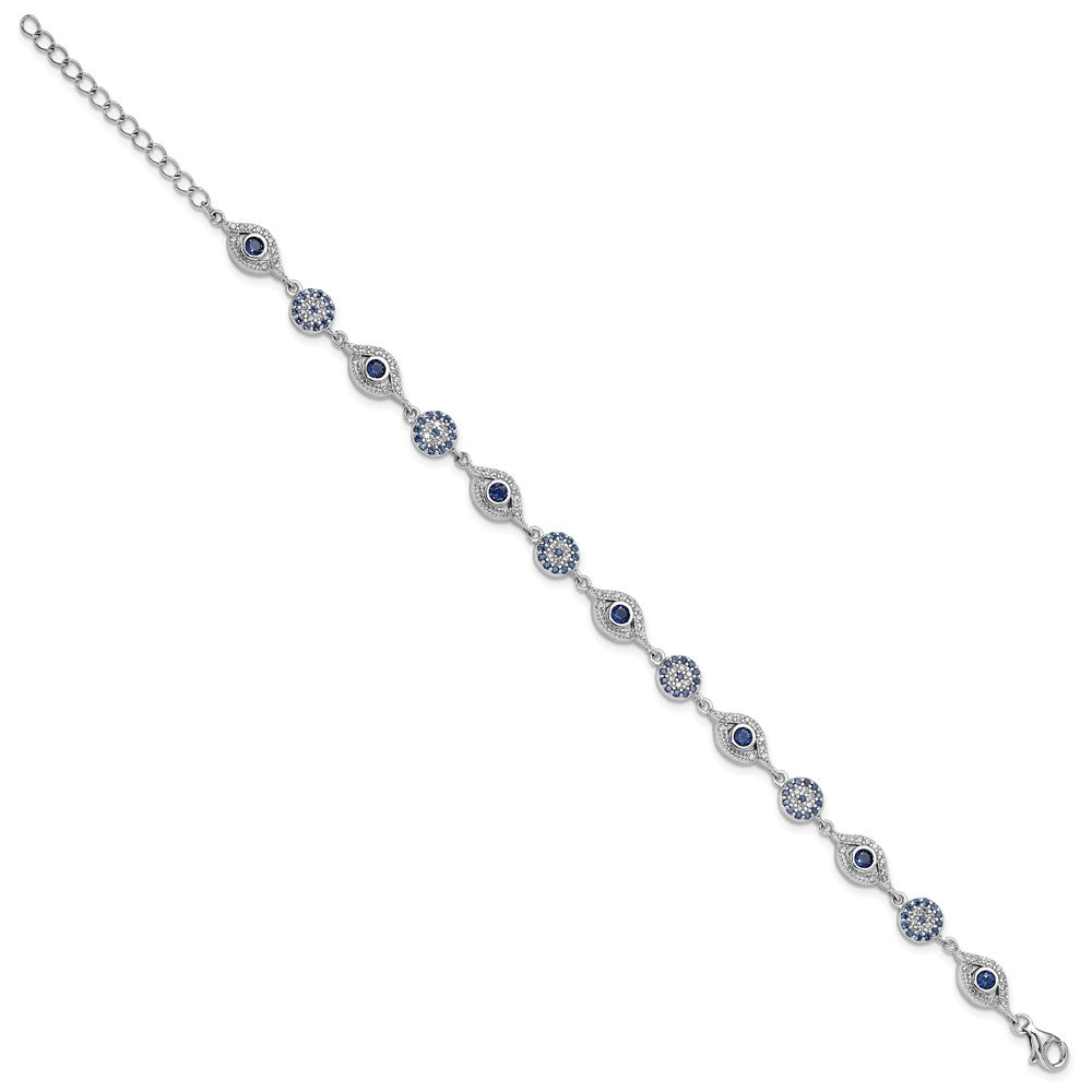 Sterling Silver Rhodium Plated Blue White CZ Evil Eye 7.25in w/1.5in Ext. Bracel
