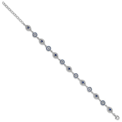 Sterling Silver Rhodium Plated Blue White CZ Evil Eye 7.25in w/1.5in Ext. Bracel