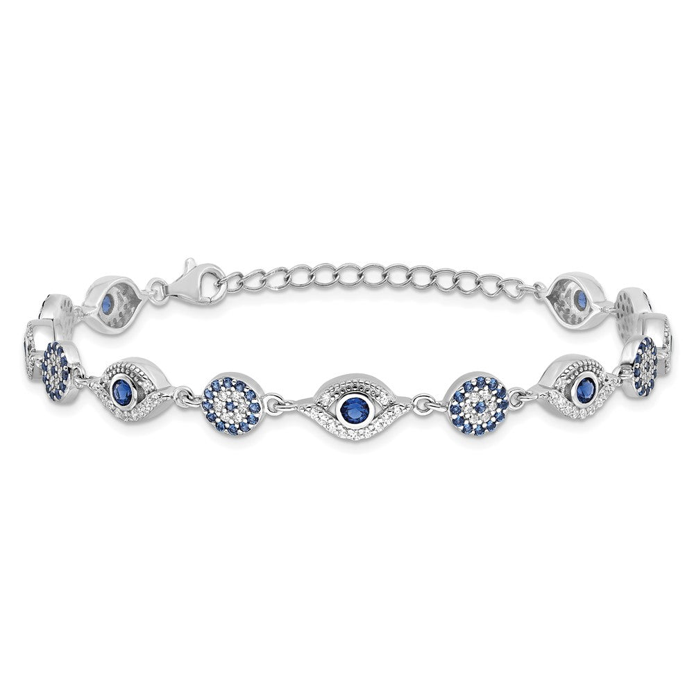 Sterling Silver Rhodium Plated Blue White CZ Evil Eye 7.25in w/1.5in Ext. Bracel