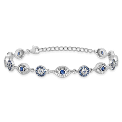 Sterling Silver Rhodium Plated Blue White CZ Evil Eye 7.25in w/1.5in Ext. Bracel