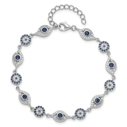Sterling Silver Rhodium Plated Blue White CZ Evil Eye 7.25in w/1.5in Ext. Bracel