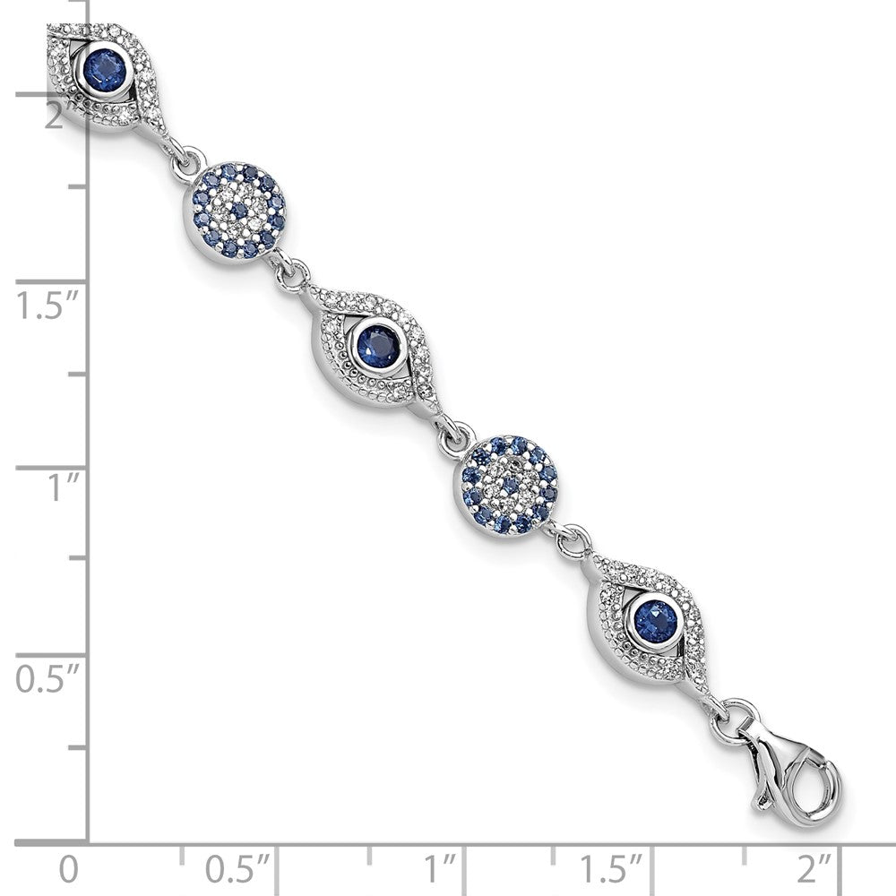 Sterling Silver Rhodium Plated Blue White CZ Evil Eye 7.25in w/1.5in Ext. Bracel