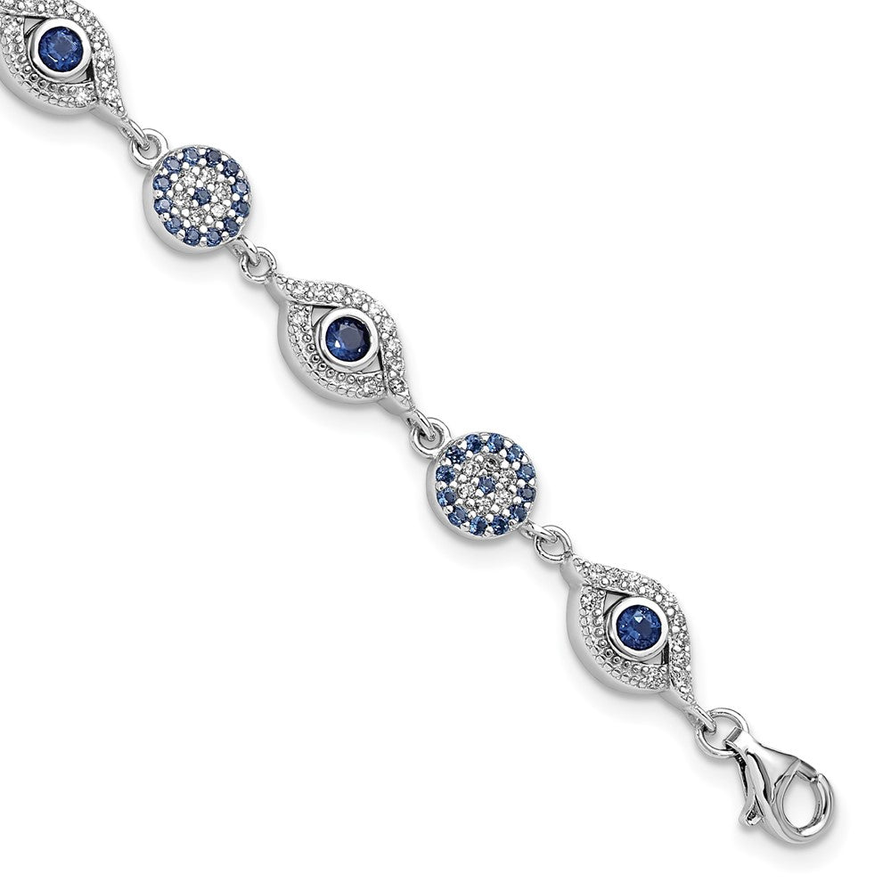 Sterling Silver Rhodium Plated Blue White CZ Evil Eye 7.25in w/1.5in Ext. Bracel