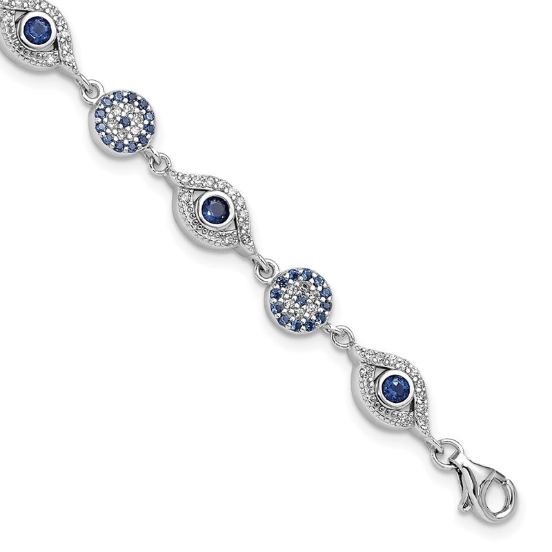 Sterling Silver Rhodium Plated Blue White CZ Evil Eye 7.25in w/1.5in Ext. Bracel