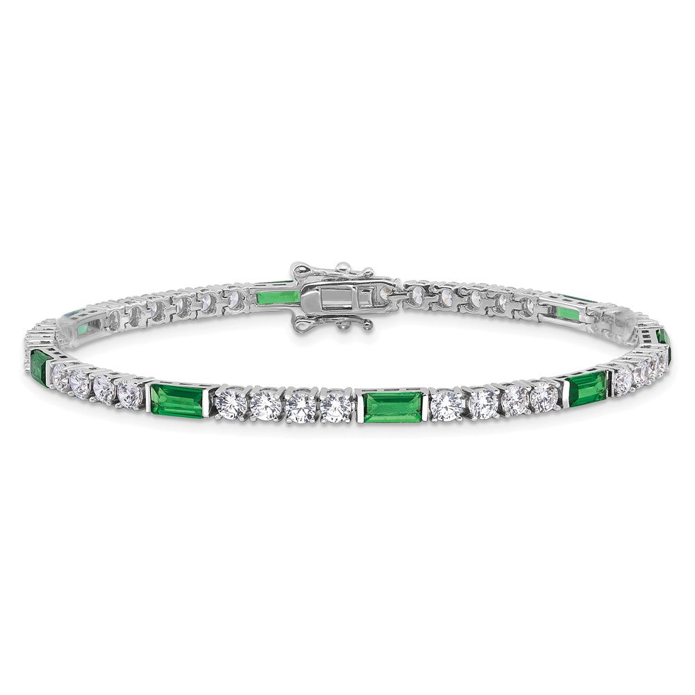 Sterling Silver Rhodium-Plated Green and White CZ 7.25in Tennis Bracelet