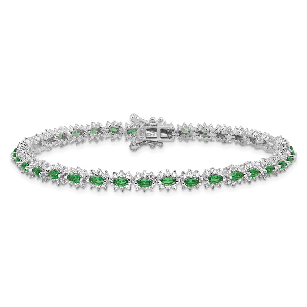 Sterling Silver Rhodium-Plated with Green and White CZ 7.5in Bracelet