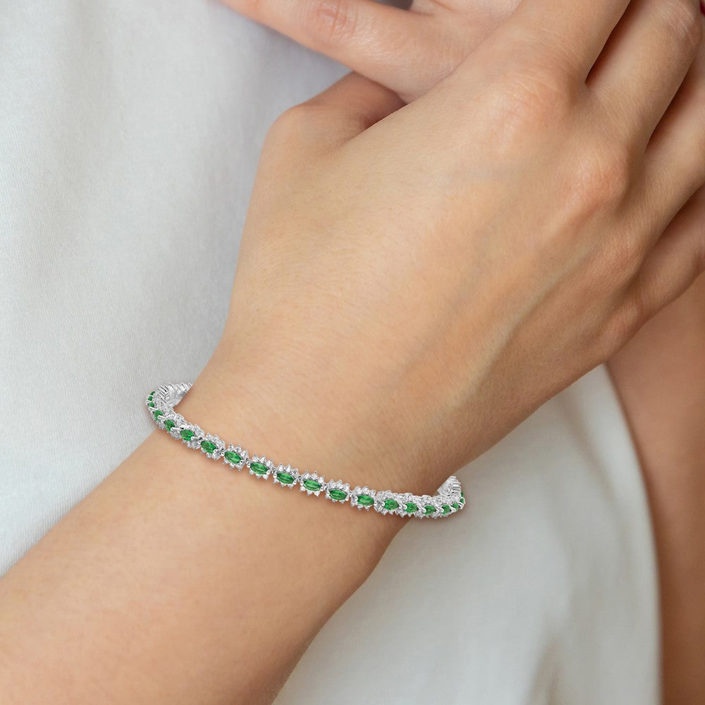 Sterling Silver Rhodium-Plated with Green and White CZ 7.5in Bracelet