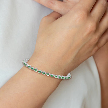 Sterling Silver Rhodium-Plated with Green and White CZ 7.5in Bracelet