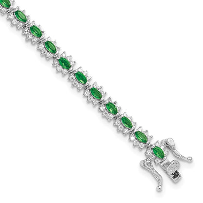 Sterling Silver Rhodium-Plated with Green and White CZ 7.5in Bracelet