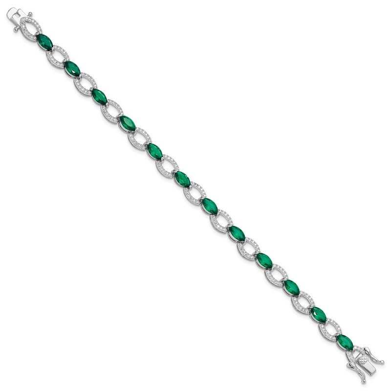 Sterling Silver Rhodium-Plated White and Green CZ Link Bracelet