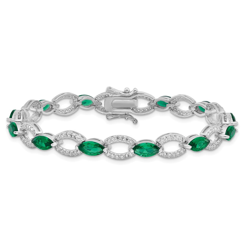 Sterling Silver Rhodium-Plated White and Green CZ Link Bracelet
